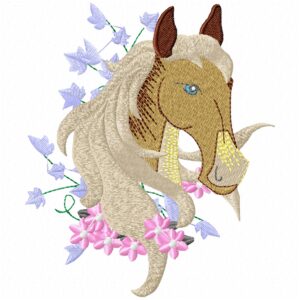 Matriz de bordado de cavalo com crina clara e flores rosas e lilás