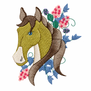 Bordado de cavalo voltado à esquerda com olho azul, crina ondulada e ramos de flores rosas e lilás.